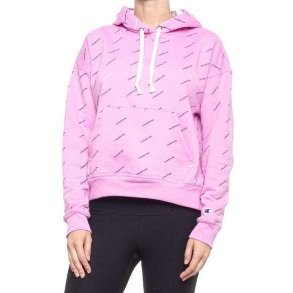 Champion Women's Powerblend Hoodie All Over Print Logo Pullover Sweatshirt Pink - Picture 1 of 2